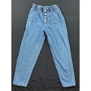 TGLA Womens High Waisted Paperbag Mom Jeans Blue Button Fly Medium Size M
